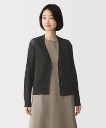婦人　リネン混透かし編みＶネックカーディガン