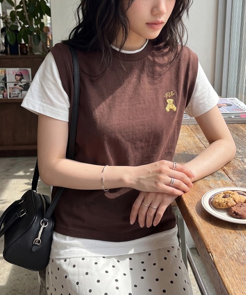 POLO BCS(ポロ ビーシーエス)の「【POLO BCS】レイヤード ワンポイントベアTee ドッキングベスト&ポロTシャツ POLOロゴ サッカー観戦(Tシャツ/カットソー・レディース・ホワイト/ダークブラウン/ピンク/グリーン/ネイビー/ブラック・S/M/L)」の3枚目の写真