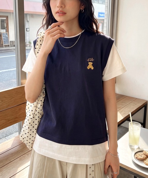 POLO BCS(ポロ ビーシーエス)の「【POLO BCS】レイヤード ワンポイントベアTee ドッキングベスト&ポロTシャツ POLOロゴ サッカー観戦(Tシャツ/カットソー・レディース・ホワイト/ダークブラウン/ピンク/グリーン/ネイビー/ブラック・S/M/L)」の5枚目の写真