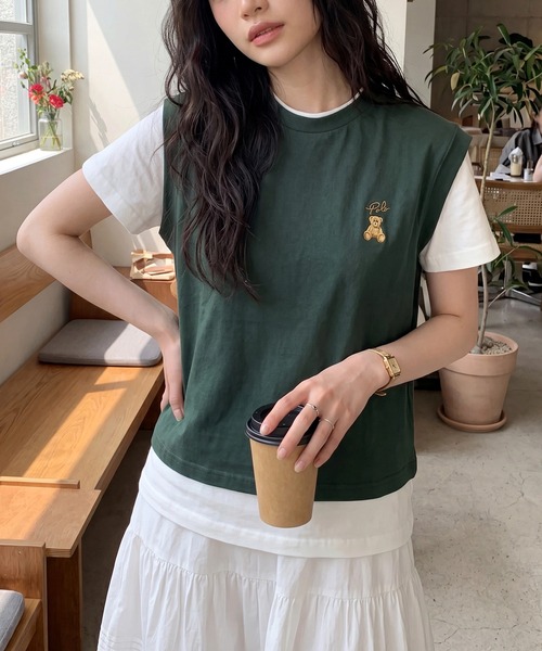POLO BCS(ポロ ビーシーエス)の「【POLO BCS】レイヤード ワンポイントベアTee ドッキングベスト&ポロTシャツ POLOロゴ サッカー観戦(Tシャツ/カットソー・レディース・ホワイト/ダークブラウン/ピンク/グリーン/ネイビー/ブラック・S/M/L)」の4枚目の写真