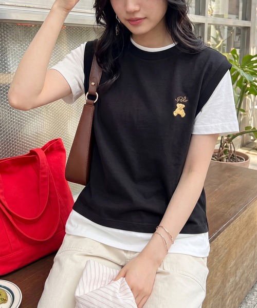 POLO BCS(ポロ ビーシーエス)の「【POLO BCS】レイヤード ワンポイントベアTee ドッキングベスト&ポロTシャツ POLOロゴ サッカー観戦(Tシャツ/カットソー・レディース・ホワイト/ダークブラウン/ピンク/グリーン/ネイビー/ブラック・S/M/L)」の1枚目の写真