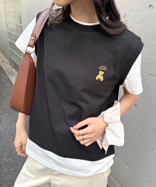 POLO BCS(ポロ ビーシーエス)の「【POLO BCS】レイヤード ワンポイントベアTee ドッキングベスト&ポロTシャツ POLOロゴ サッカー観戦(Tシャツ/カットソー・レディース・ホワイト/ダークブラウン/ピンク/グリーン/ネイビー/ブラック・S/M/L)」の12枚目の写真
