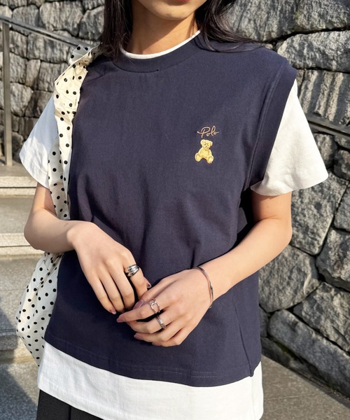 POLO BCS(ポロ ビーシーエス)の「【POLO BCS】レイヤード ワンポイントベアTee ドッキングベスト&ポロTシャツ POLOロゴ サッカー観戦(Tシャツ/カットソー・レディース・ホワイト/ダークブラウン/ピンク/グリーン/ネイビー/ブラック・S/M/L)」の8枚目の写真
