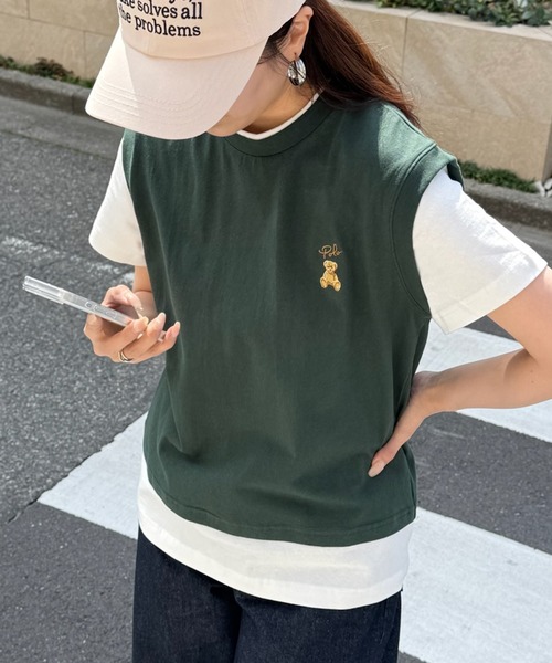 POLO BCS(ポロ ビーシーエス)の「【POLO BCS】レイヤード ワンポイントベアTee ドッキングベスト&ポロTシャツ POLOロゴ サッカー観戦(Tシャツ/カットソー・レディース・ホワイト/ダークブラウン/ピンク/グリーン/ネイビー/ブラック・S/M/L)」の10枚目の写真