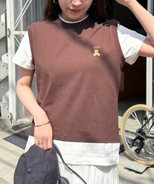 POLO BCS(ポロ ビーシーエス)の「【POLO BCS】レイヤード ワンポイントベアTee ドッキングベスト&ポロTシャツ POLOロゴ サッカー観戦(Tシャツ/カットソー・レディース・ホワイト/ダークブラウン/ピンク/グリーン/ネイビー/ブラック・S/M/L)」の11枚目の写真