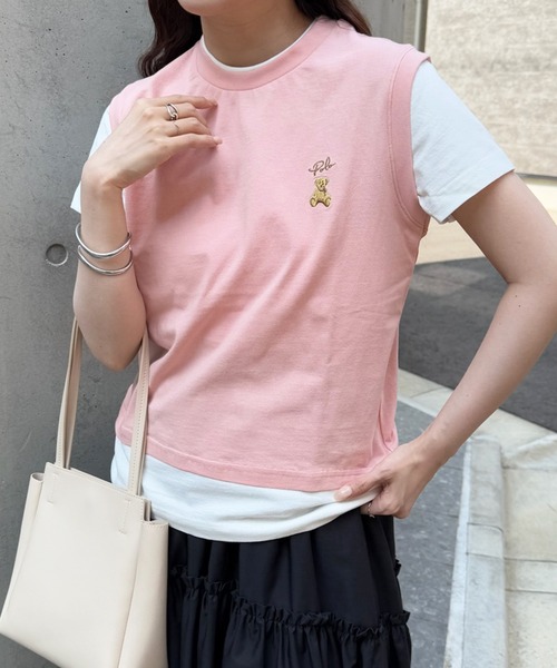 POLO BCS(ポロ ビーシーエス)の「【POLO BCS】レイヤード ワンポイントベアTee ドッキングベスト&ポロTシャツ POLOロゴ サッカー観戦(Tシャツ/カットソー・レディース・ホワイト/ダークブラウン/ピンク/グリーン/ネイビー/ブラック・S/M/L)」の7枚目の写真