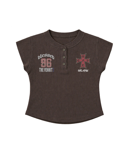 VENHIT（ベンヒット）の「ブレッセッド ヘンリーネック ワッフル スリムフィットTシャツ（Tシャツ/カットソー・レディース・アイボリー/ブラック/ブラウン・FREE）」の3枚目の写真