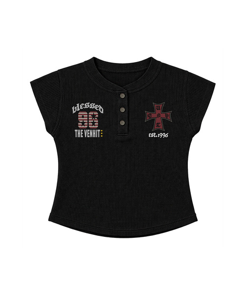 VENHIT（ベンヒット）の「ブレッセッド ヘンリーネック ワッフル スリムフィットTシャツ（Tシャツ/カットソー・レディース・アイボリー/ブラック/ブラウン・FREE）」の2枚目の写真