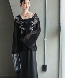 Callarus | 【セットアップ】刺繍デザインメッシュブラウス＋キャミワンピースアンサンブル［Callarus］(ワンピース)