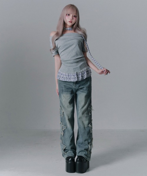 Diable baiser（ディアブルベーゼ）の「ドレープ裾チェックフリルカットソートップス（Tシャツ/カットソー・レディース・グレー/ブラック・FREE）」の3枚目の写真