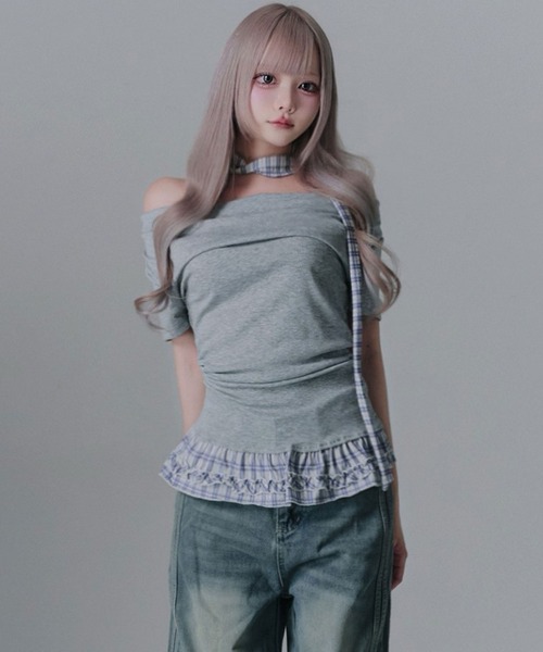 Diable baiser（ディアブルベーゼ）の「ドレープ裾チェックフリルカットソートップス（Tシャツ/カットソー・レディース・グレー/ブラック・FREE）」の4枚目の写真
