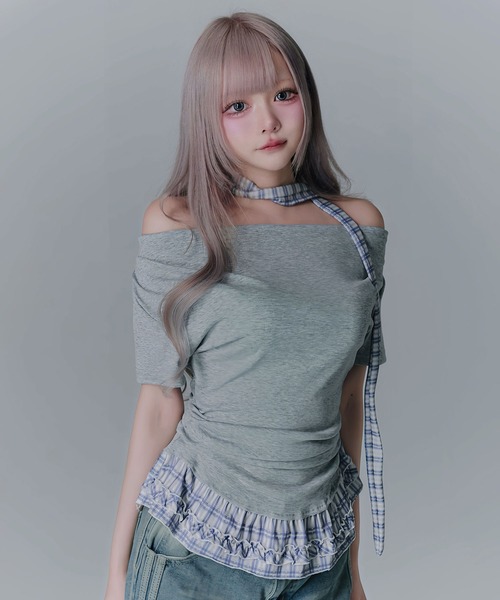 Diable baiser（ディアブルベーゼ）の「ドレープ裾チェックフリルカットソートップス（Tシャツ/カットソー・レディース・グレー/ブラック・FREE）」の5枚目の写真