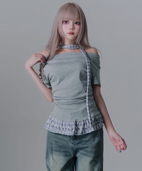 Diable baiser（ディアブルベーゼ）の「ドレープ裾チェックフリルカットソートップス（Tシャツ/カットソー・レディース・グレー/ブラック・FREE）」の6枚目の写真