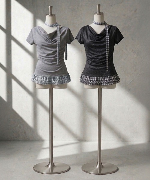Diable baiser（ディアブルベーゼ）の「ドレープ裾チェックフリルカットソートップス（Tシャツ/カットソー・レディース・グレー/ブラック・FREE）」の7枚目の写真