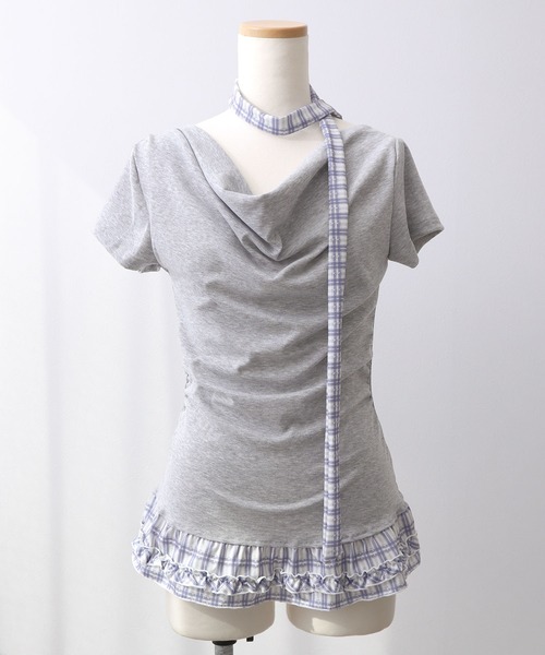 Diable baiser（ディアブルベーゼ）の「ドレープ裾チェックフリルカットソートップス（Tシャツ/カットソー・レディース・グレー/ブラック・FREE）」の8枚目の写真