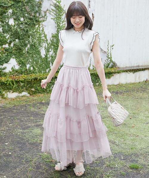 MAJESTIC LEGON(マジェスティックレゴン)の「ノースリフリルメロウリブトップス(Tシャツ/カットソー・レディース・ブルー/アイボリー/グレイッシュベージュ/ブラック・MEDIUM)」の9枚目の写真