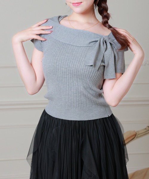 Anely(アネリー)の「Anely リボン リブ 半袖 ニット プルオーバー トップス(ニット/セーター・レディース・グレー/アイボリー/ピンク・FREE)」の3枚目の写真