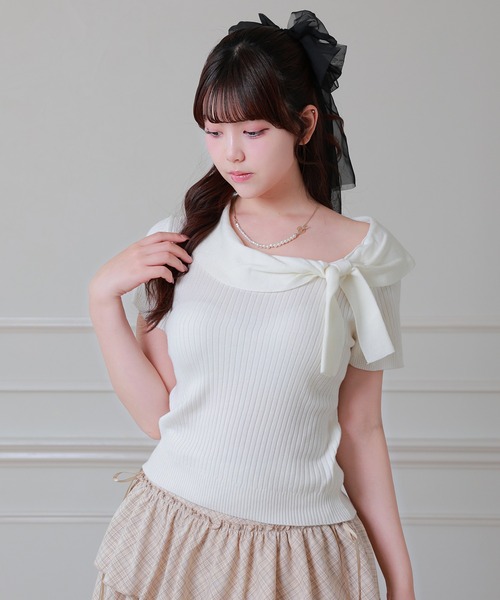 Anely(アネリー)の「Anely リボン リブ 半袖 ニット プルオーバー トップス(ニット/セーター・レディース・グレー/アイボリー/ピンク・FREE)」の2枚目の写真