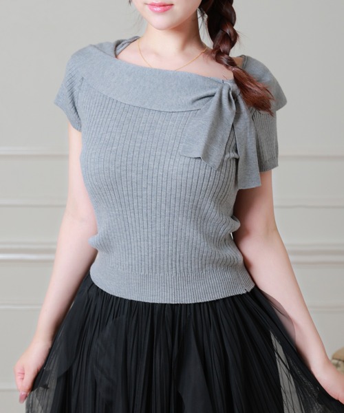 Anely(アネリー)の「Anely リボン リブ 半袖 ニット プルオーバー トップス(ニット/セーター・レディース・グレー/アイボリー/ピンク・FREE)」の4枚目の写真