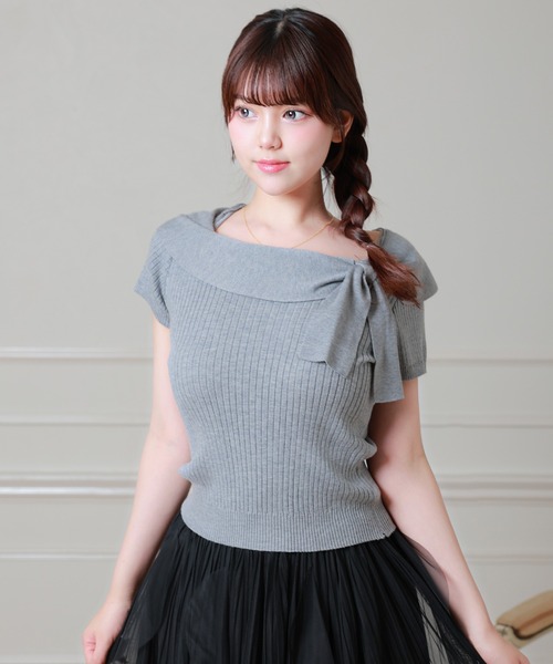 Anely(アネリー)の「Anely リボン リブ 半袖 ニット プルオーバー トップス(ニット/セーター・レディース・グレー/アイボリー/ピンク・FREE)」の6枚目の写真