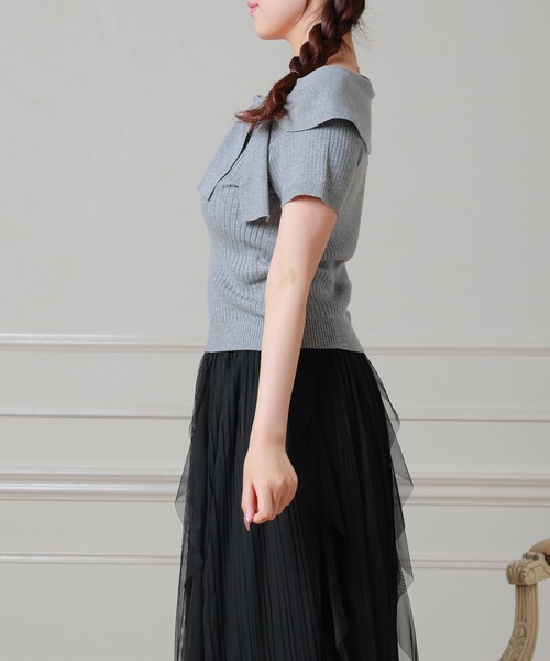 Anely(アネリー)の「Anely リボン リブ 半袖 ニット プルオーバー トップス(ニット/セーター・レディース・グレー/アイボリー/ピンク・FREE)」の7枚目の写真