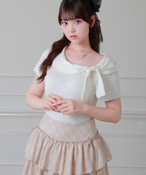 Anely(アネリー)の「Anely リボン リブ 半袖 ニット プルオーバー トップス(ニット/セーター・レディース・グレー/アイボリー/ピンク・FREE)」の9枚目の写真