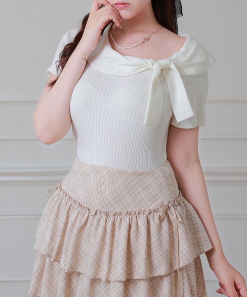 Anely(アネリー)の「Anely リボン リブ 半袖 ニット プルオーバー トップス(ニット/セーター・レディース・グレー/アイボリー/ピンク・FREE)」の11枚目の写真