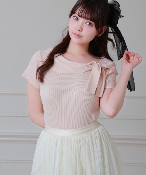 Anely(アネリー)の「Anely リボン リブ 半袖 ニット プルオーバー トップス(ニット/セーター・レディース・グレー/アイボリー/ピンク・FREE)」の13枚目の写真