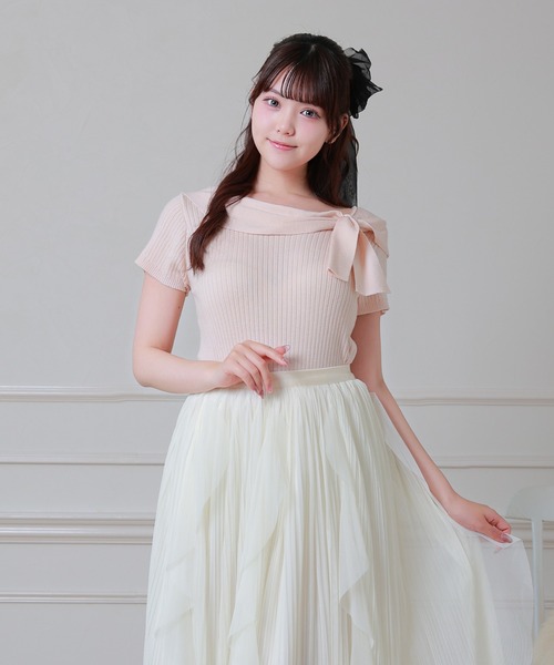 Anely(アネリー)の「Anely リボン リブ 半袖 ニット プルオーバー トップス(ニット/セーター・レディース・グレー/アイボリー/ピンク・FREE)」の14枚目の写真