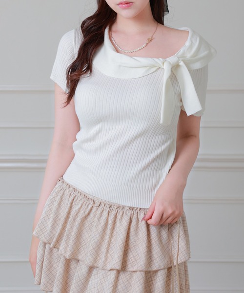Anely(アネリー)の「Anely リボン リブ 半袖 ニット プルオーバー トップス(ニット/セーター・レディース・グレー/アイボリー/ピンク・FREE)」の22枚目の写真