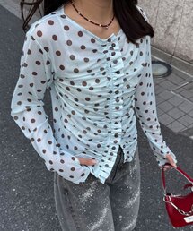 フロントシャーリングドット柄シアーメッシュトップス