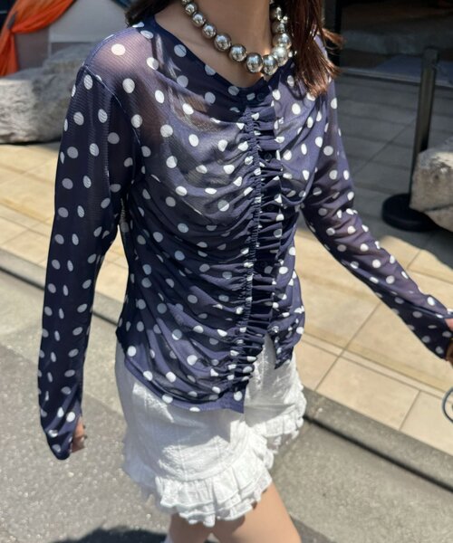 CIAOPANIC(チャオパニック)の「フロントシャーリングドット柄シアーメッシュトップス(シャツ/ブラウス・レディース・ブラウン/ネイビー/イエロー/ブルー系その他・ONE SIZE)」の15枚目の写真