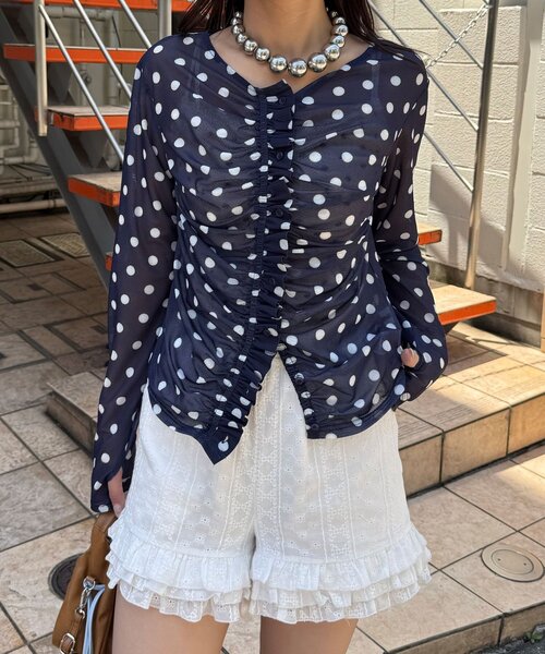 CIAOPANIC(チャオパニック)の「フロントシャーリングドット柄シアーメッシュトップス(シャツ/ブラウス・レディース・ブラウン/ネイビー/イエロー/ブルー系その他・ONE SIZE)」の16枚目の写真