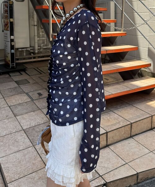 CIAOPANIC(チャオパニック)の「フロントシャーリングドット柄シアーメッシュトップス(シャツ/ブラウス・レディース・ブラウン/ネイビー/イエロー/ブルー系その他・ONE SIZE)」の17枚目の写真