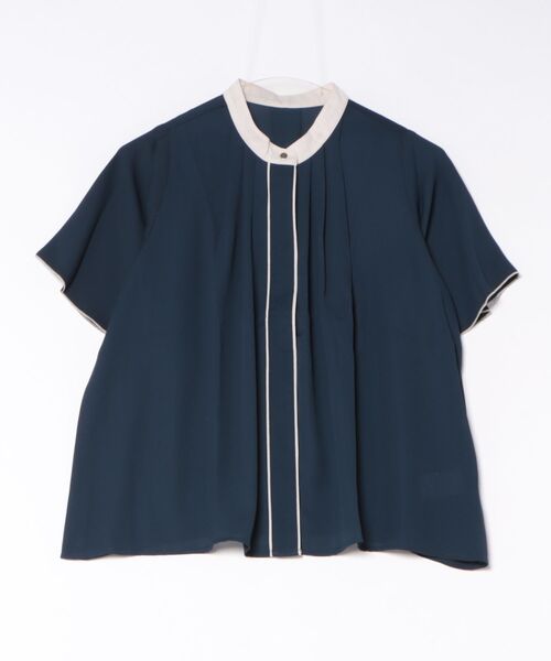 styiro(スタイロ)の「シフォン配色パイピングブラウス レディース 半袖 オフィス 通勤 きれいめ(シャツ/ブラウス・レディース・ライトベージュ/オフホワイト/ピンク/ネイビー・FREE)」の4枚目の写真