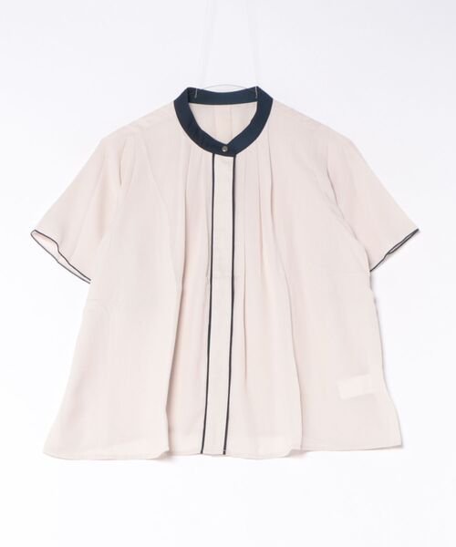 styiro(スタイロ)の「シフォン配色パイピングブラウス レディース 半袖 オフィス 通勤 きれいめ(シャツ/ブラウス・レディース・ライトベージュ/オフホワイト/ピンク/ネイビー・FREE)」の3枚目の写真