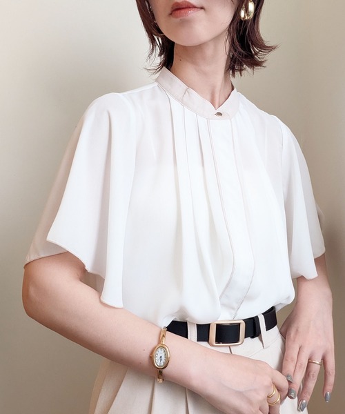 styiro(スタイロ)の「シフォン配色パイピングブラウス レディース 半袖 オフィス 通勤 きれいめ(シャツ/ブラウス・レディース・ライトベージュ/オフホワイト/ピンク/ネイビー・FREE)」の9枚目の写真