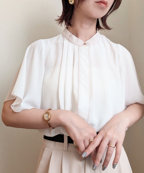 styiro(スタイロ)の「シフォン配色パイピングブラウス レディース 半袖 オフィス 通勤 きれいめ(シャツ/ブラウス・レディース・ライトベージュ/オフホワイト/ピンク/ネイビー・FREE)」の8枚目の写真
