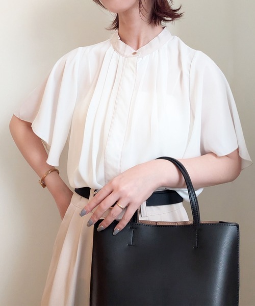 styiro(スタイロ)の「シフォン配色パイピングブラウス レディース 半袖 オフィス 通勤 きれいめ(シャツ/ブラウス・レディース・ライトベージュ/オフホワイト/ピンク/ネイビー・FREE)」の15枚目の写真