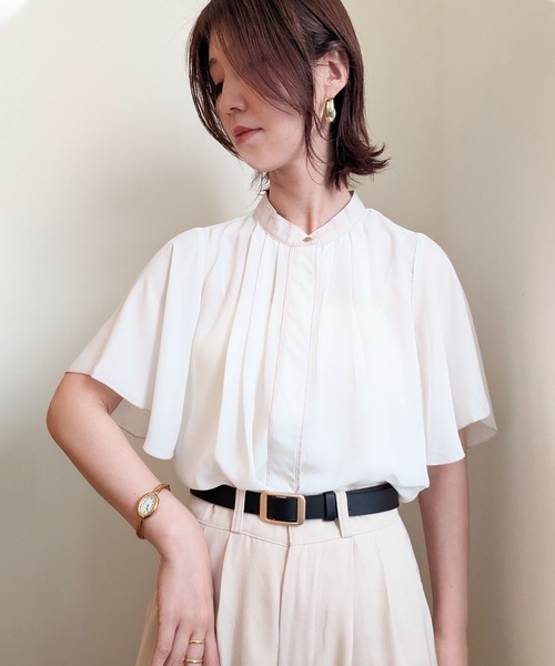 styiro(スタイロ)の「シフォン配色パイピングブラウス レディース 半袖 オフィス 通勤 きれいめ(シャツ/ブラウス・レディース・ライトベージュ/オフホワイト/ピンク/ネイビー・FREE)」の12枚目の写真