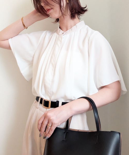 styiro(スタイロ)の「シフォン配色パイピングブラウス レディース 半袖 オフィス 通勤 きれいめ(シャツ/ブラウス・レディース・ライトベージュ/オフホワイト/ピンク/ネイビー・FREE)」の13枚目の写真