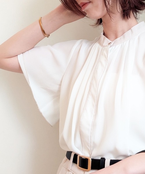 styiro(スタイロ)の「シフォン配色パイピングブラウス レディース 半袖 オフィス 通勤 きれいめ(シャツ/ブラウス・レディース・ライトベージュ/オフホワイト/ピンク/ネイビー・FREE)」の6枚目の写真