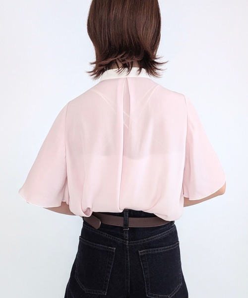 styiro(スタイロ)の「シフォン配色パイピングブラウス レディース 半袖 オフィス 通勤 きれいめ(シャツ/ブラウス・レディース・ライトベージュ/オフホワイト/ピンク/ネイビー・FREE)」の20枚目の写真