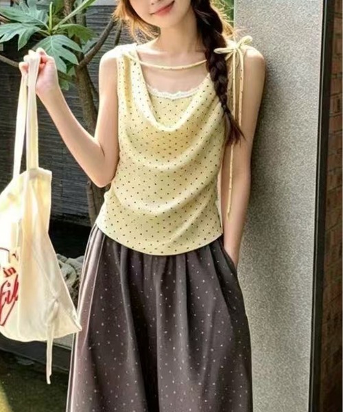 Nia(ニア)の「Nia(ニア)/ドットドレープショルダーリボントップス(Tシャツ/カットソー・レディース・ブラック/ピンク/イエロー/ライトブルー・FREE)」の1枚目の写真