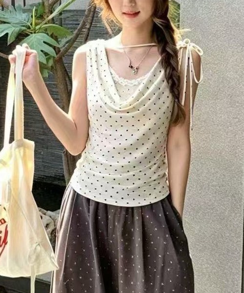 Nia(ニア)の「Nia(ニア)/ドットドレープショルダーリボントップス(Tシャツ/カットソー・レディース・ブラック/ピンク/イエロー/ライトブルー・FREE)」の9枚目の写真