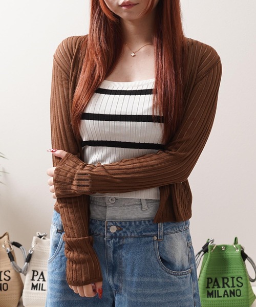1111clothing（ワンフォークロージング）の「シアーニット クロップド カーディガン / Sheer Knit Cropped Cardigan（カーディガン/ボレロ・レディース・アイボリー/ブルー/ライム/ブラウン/ブラック・FREE）」の4枚目の写真