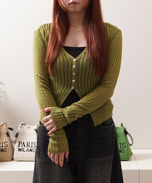 1111clothing（ワンフォークロージング）の「シアーニット クロップド カーディガン / Sheer Knit Cropped Cardigan（カーディガン/ボレロ・レディース・アイボリー/ブルー/ライム/ブラウン/ブラック・FREE）」の5枚目の写真