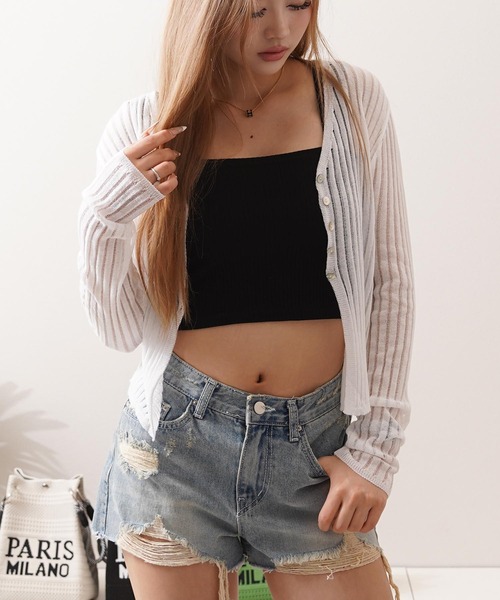 1111clothing（ワンフォークロージング）の「シアーニット クロップド カーディガン / Sheer Knit Cropped Cardigan（カーディガン/ボレロ・レディース・アイボリー/ブルー/ライム/ブラウン/ブラック・FREE）」の2枚目の写真