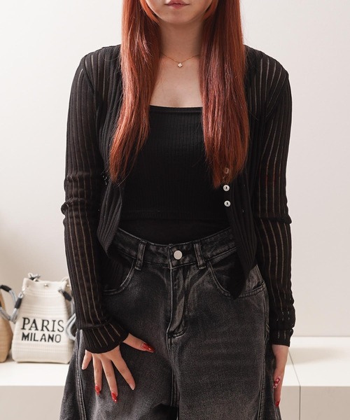 1111clothing（ワンフォークロージング）の「シアーニット クロップド カーディガン / Sheer Knit Cropped Cardigan（カーディガン/ボレロ・レディース・アイボリー/ブルー/ライム/ブラウン/ブラック・FREE）」の3枚目の写真