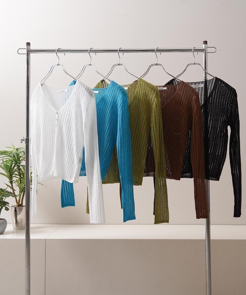 1111clothing（ワンフォークロージング）の「シアーニット クロップド カーディガン / Sheer Knit Cropped Cardigan（カーディガン/ボレロ・レディース・アイボリー/ブルー/ライム/ブラウン/ブラック・FREE）」の6枚目の写真